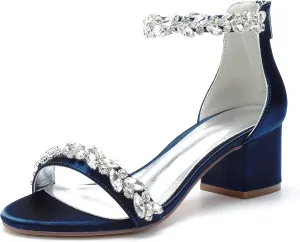 Hyinlays Women's Open Toe Ankle Strap Low Block Chunky Heels Crystal Satin Wedding Sandals Prom Party Dress Pump Shoes