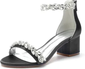 Hyinlays Women's Open Toe Ankle Strap Low Block Chunky Heels Crystal Satin Wedding Sandals Prom Party Dress Pump Shoes