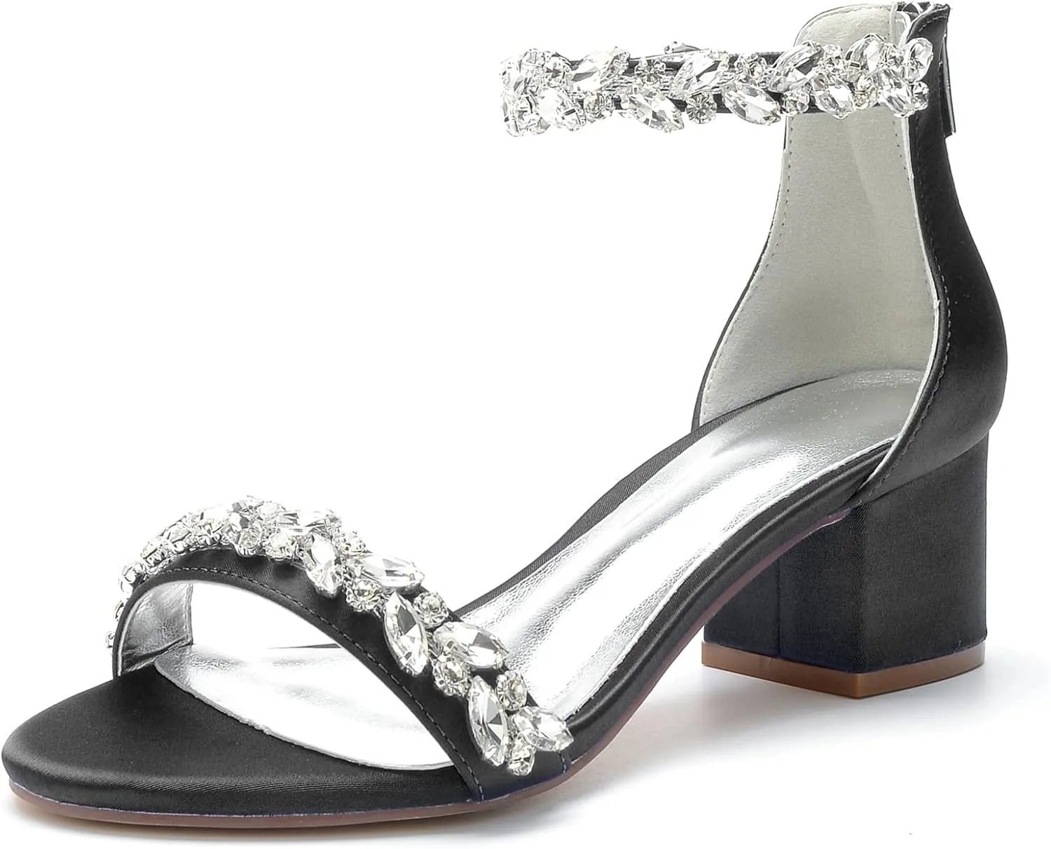 Hyinlays Women's Open Toe Ankle Strap Low Block Chunky Heels Crystal Satin Wedding Sandals Prom Party Dress Pump Shoes