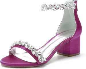 Hyinlays Women's Open Toe Ankle Strap Low Block Chunky Heels Crystal Satin Wedding Sandals Prom Party Dress Pump Shoes