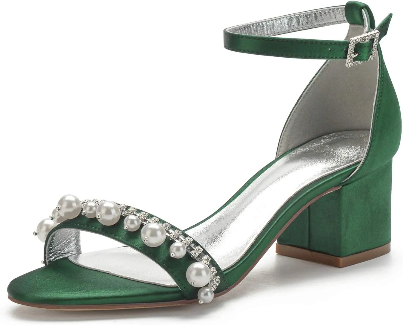 Hyinlays Women's Open Toe Low Block Pumps Shoes Ankle Strap Chunky Heels with Pearls Satin Wedding Sandals Prom Party Dress Shoes