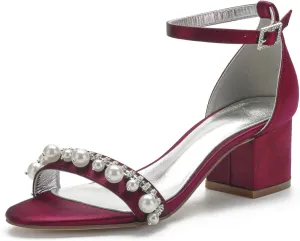 Hyinlays Women's Open Toe Low Block Pumps Shoes Ankle Strap Chunky Heels with Pearls Satin Wedding Sandals Prom Party Dress Shoes