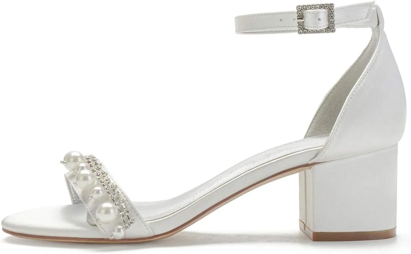 Hyinlays Women's Open Toe Low Block Pumps Shoes Ankle Strap Chunky Heels with Pearls Satin Wedding Sandals Prom Party Dress Shoes