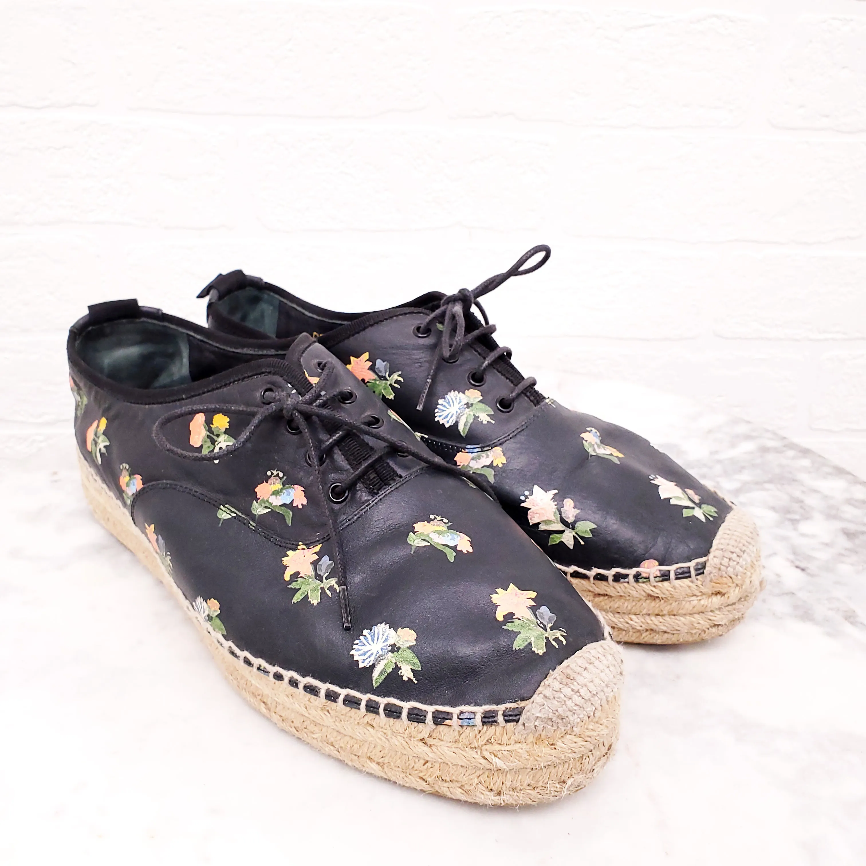 ISABEL MARANT BLACK FLORAL LEATHER ESPADRILLES - SIZE 40