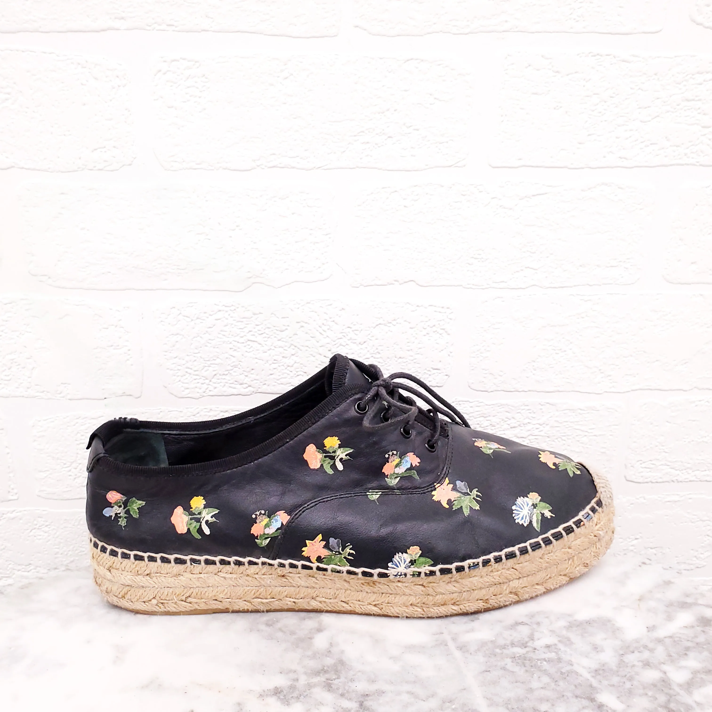 ISABEL MARANT BLACK FLORAL LEATHER ESPADRILLES - SIZE 40