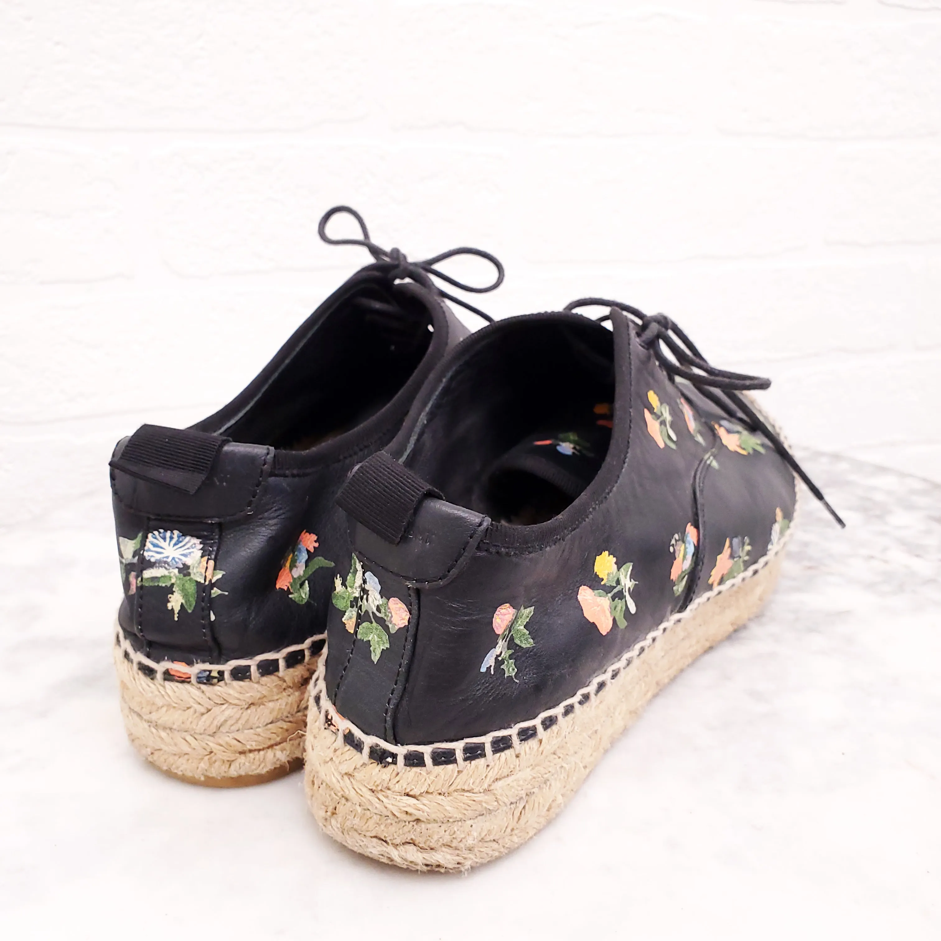 ISABEL MARANT BLACK FLORAL LEATHER ESPADRILLES - SIZE 40
