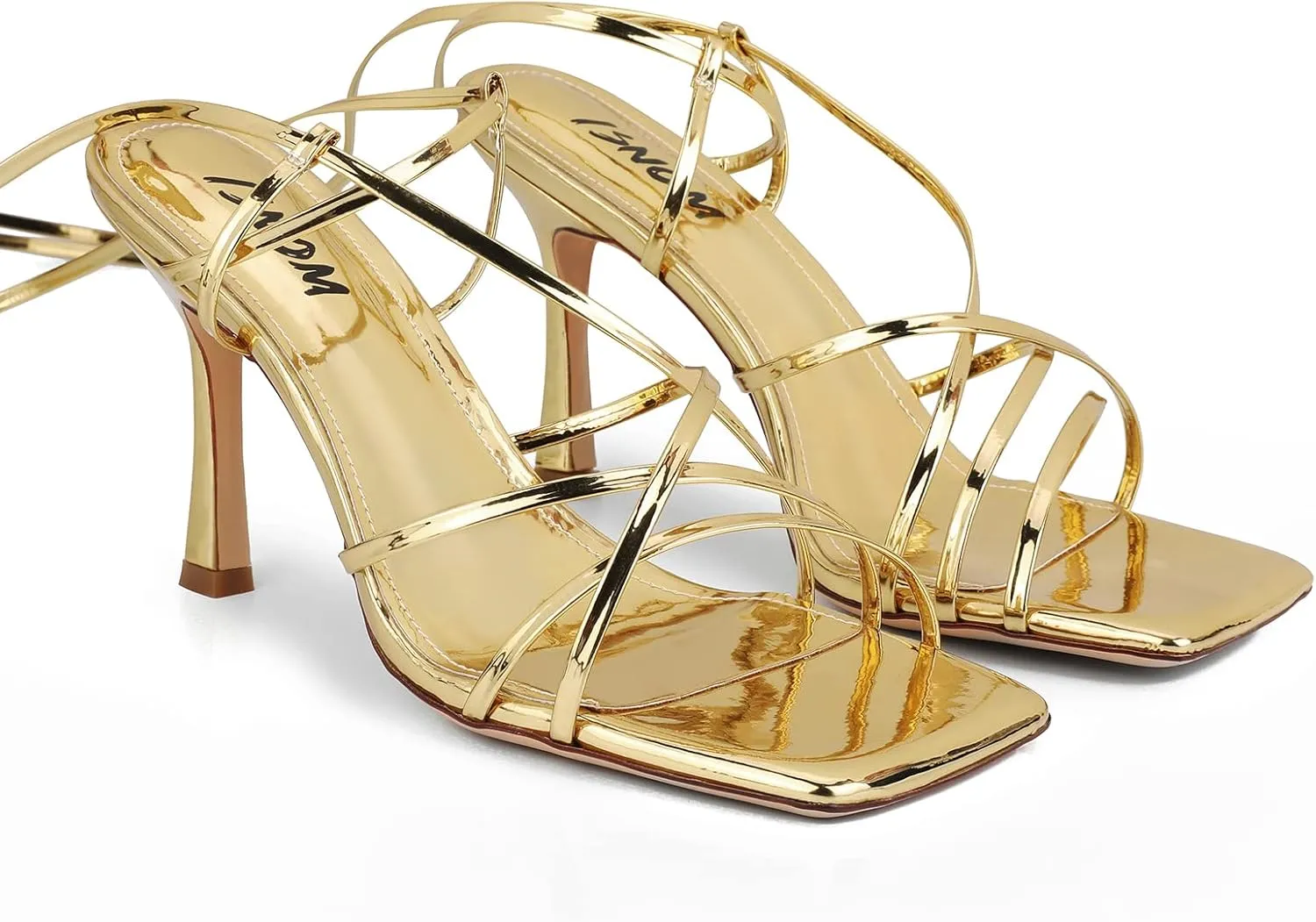 ISNOM Lace Up Heels Sandals for Women, Square Toe, Open Toe Thong, Stiletto Heels Design