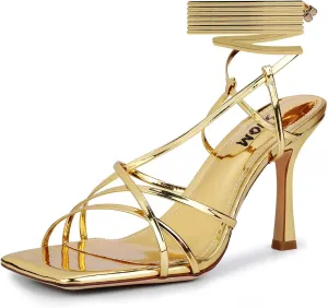 ISNOM Lace Up Heels Sandals for Women, Square Toe, Open Toe Thong, Stiletto Heels Design