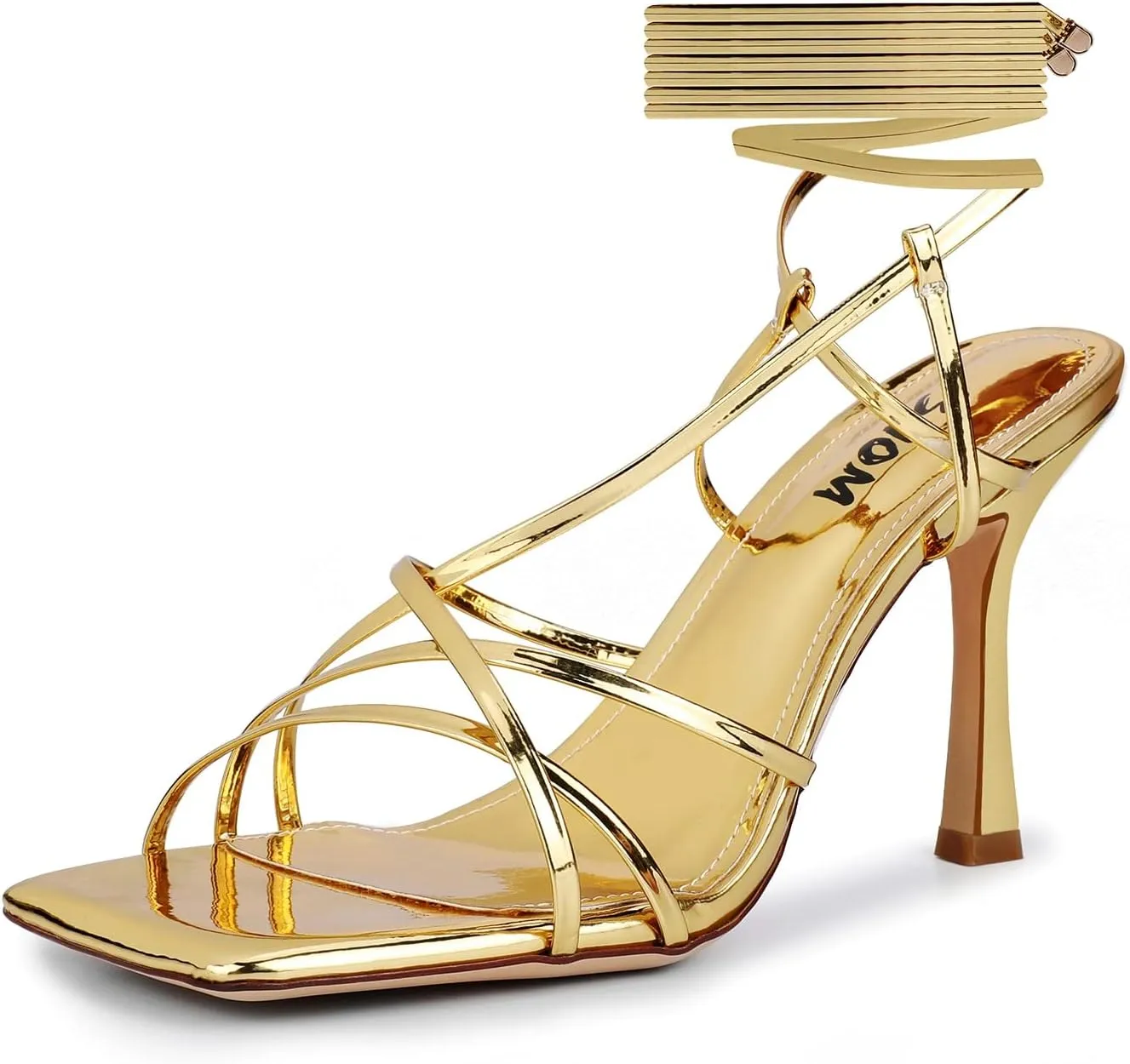 ISNOM Lace Up Heels Sandals for Women, Square Toe, Open Toe Thong, Stiletto Heels Design