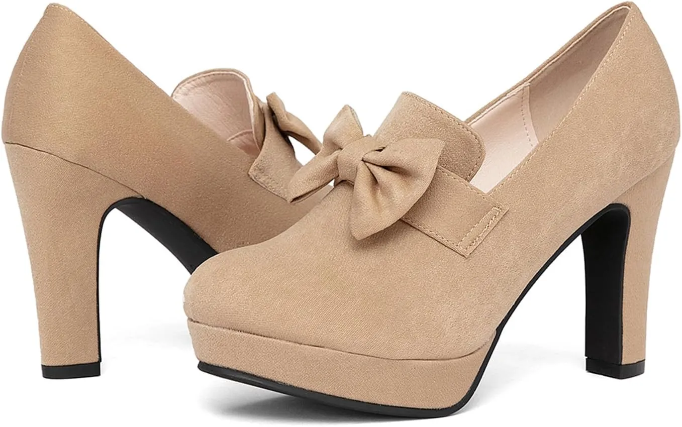 Jeesay Women's Bow Chunky Heels Mary Jane Pumps Closed Toe Platform High Heel Sandals Dress Shoes