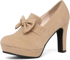 Jeesay Women's Bow Chunky Heels Mary Jane Pumps Closed Toe Platform High Heel Sandals Dress Shoes