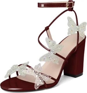 Joseywade Butterfly Heels Heeled Sandals Rhinestone Crystal Butterflies Heels Open Toe Chunky Block High Heels 3.5 Inch Women's Shoes
