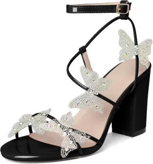 Joseywade Butterfly Heels Heeled Sandals Rhinestone Crystal Butterflies Heels Open Toe Chunky Block High Heels 3.5 Inch Women's Shoes