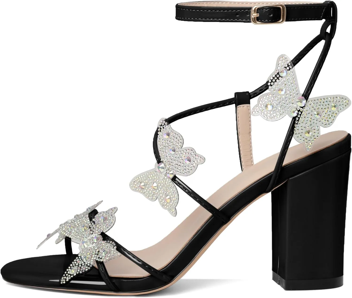 Joseywade Butterfly Heels Heeled Sandals Rhinestone Crystal Butterflies Heels Open Toe Chunky Block High Heels 3.5 Inch Women's Shoes