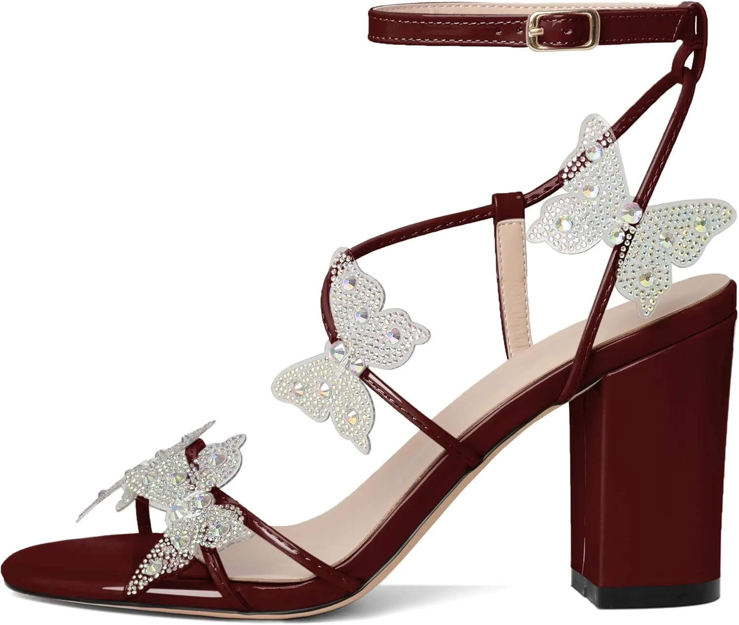 Joseywade Butterfly Heels Heeled Sandals Rhinestone Crystal Butterflies Heels Open Toe Chunky Block High Heels 3.5 Inch Women's Shoes