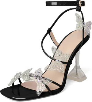 Joseywade Butterfly Heels Heeled Sandals Rhinestone Crystal Butterflies Heels Open Toe Clear Spool High Heels 4 Inch Women's Shoes