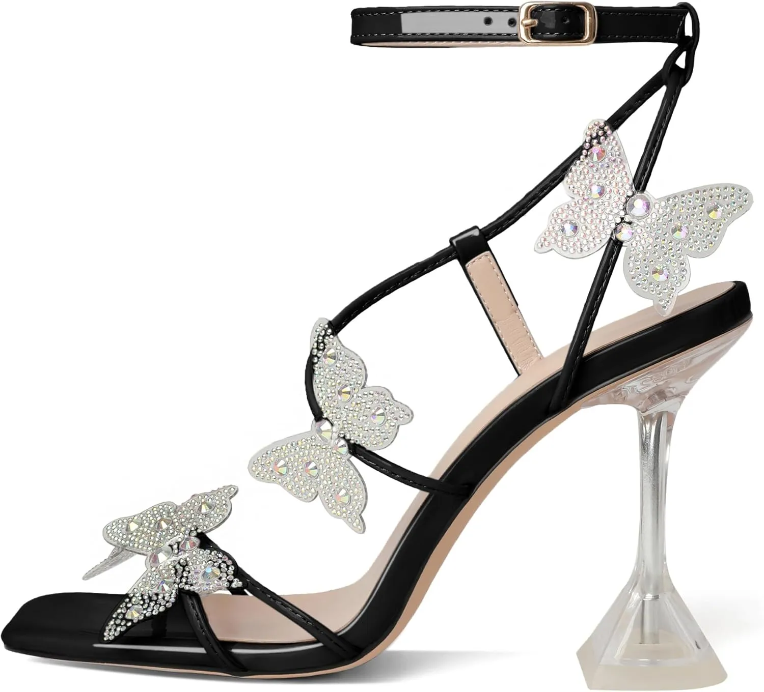 Joseywade Butterfly Heels Heeled Sandals Rhinestone Crystal Butterflies Heels Open Toe Clear Spool High Heels 4 Inch Women's Shoes