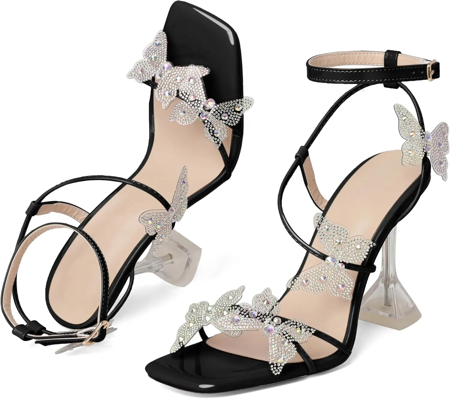 Joseywade Butterfly Heels Heeled Sandals Rhinestone Crystal Butterflies Heels Open Toe Clear Spool High Heels 4 Inch Women's Shoes