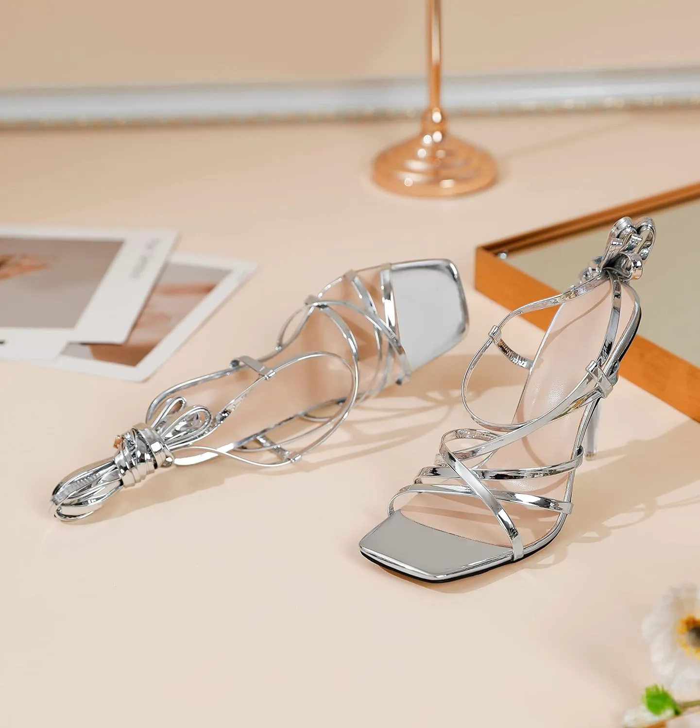 Joseywade Women's High Heel Sandals Open Square Toe Lace Up Heels 4" Strappy Stiletto Heels Wrap Up Tie Up Clear Heel Shoes