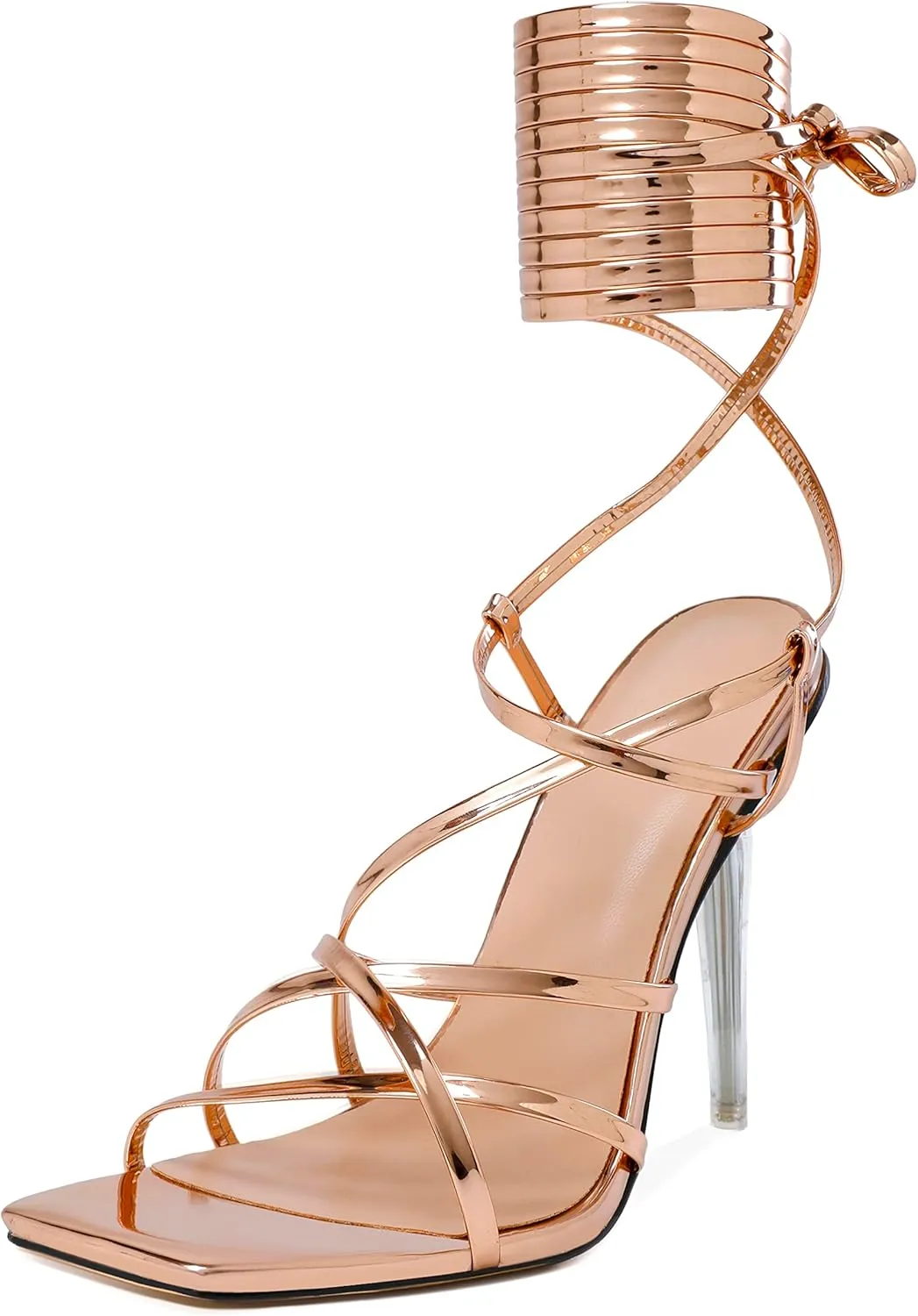 Joseywade Women's High Heel Sandals Open Square Toe Lace Up Heels 4" Strappy Stiletto Heels Wrap Up Tie Up Clear Heel Shoes