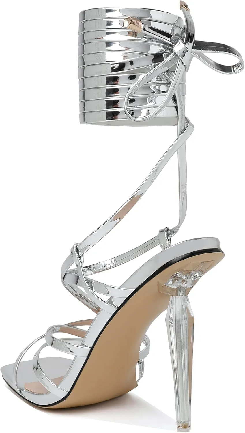 Joseywade Women's High Heel Sandals Open Square Toe Lace Up Heels 4" Strappy Stiletto Heels Wrap Up Tie Up Clear Heel Shoes