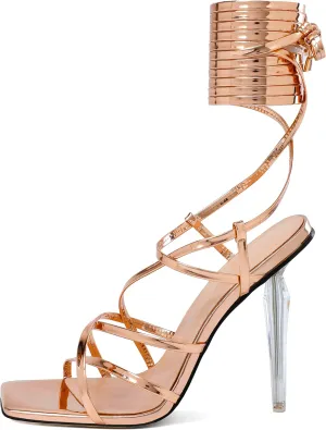 Joseywade Women's High Heel Sandals Open Square Toe Lace Up Heels 4" Strappy Stiletto Heels Wrap Up Tie Up Clear Heel Shoes