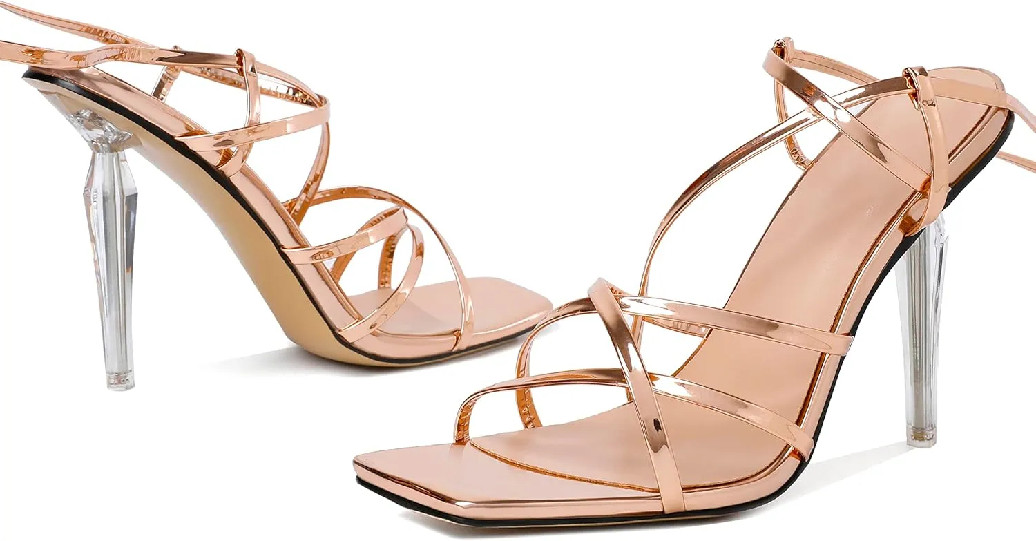 Joseywade Women's High Heel Sandals Open Square Toe Lace Up Heels 4" Strappy Stiletto Heels Wrap Up Tie Up Clear Heel Shoes