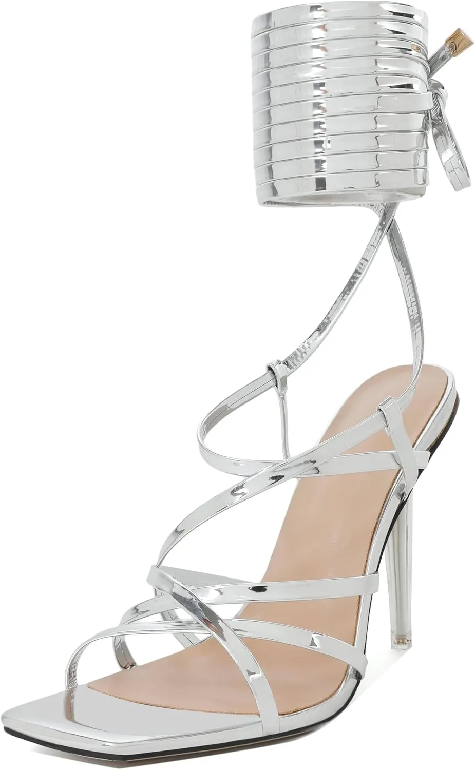 Joseywade Women's High Heel Sandals Open Square Toe Lace Up Heels 4" Strappy Stiletto Heels Wrap Up Tie Up Clear Heel Shoes