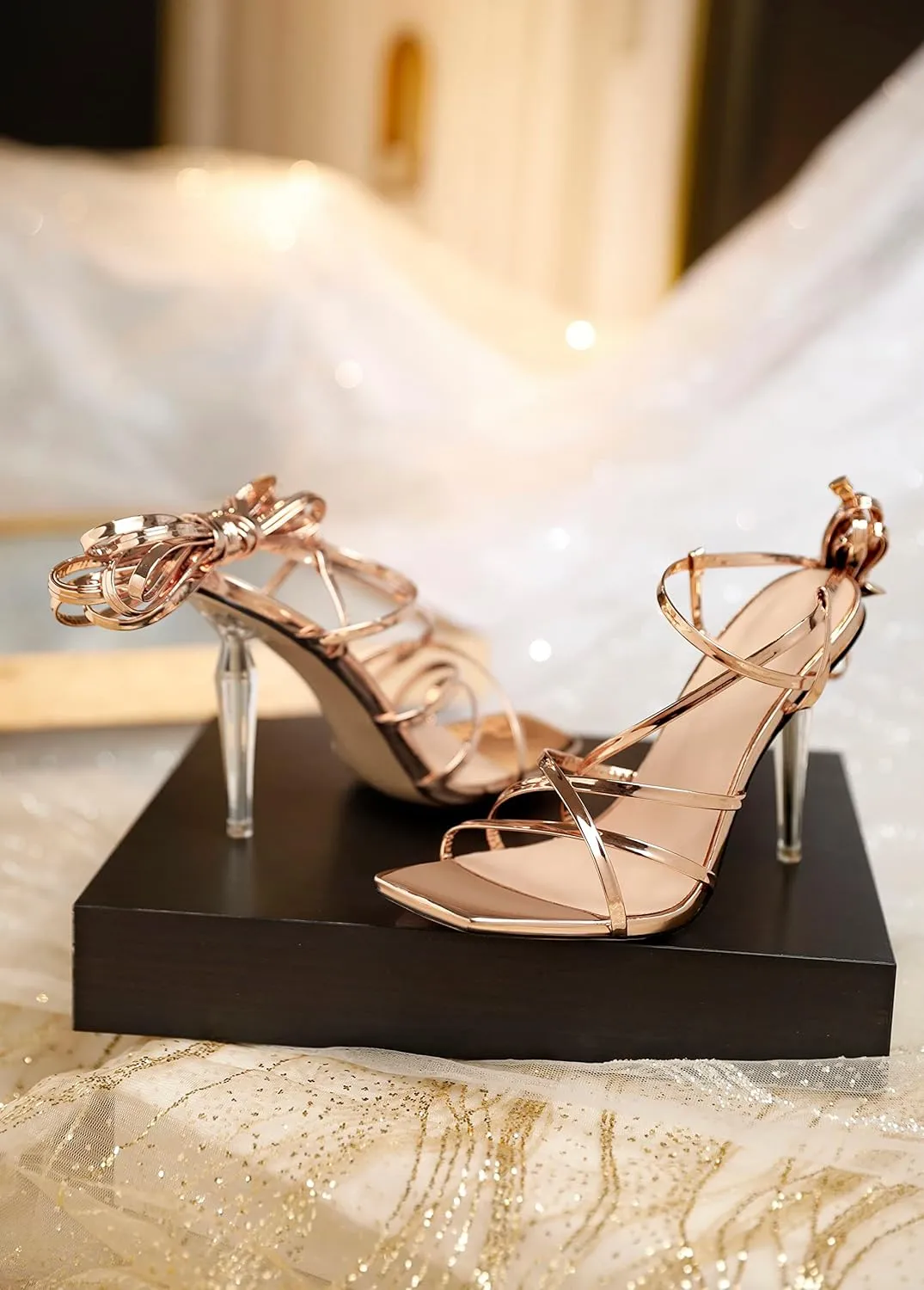 Joseywade Women's High Heel Sandals Open Square Toe Lace Up Heels 4" Strappy Stiletto Heels Wrap Up Tie Up Clear Heel Shoes