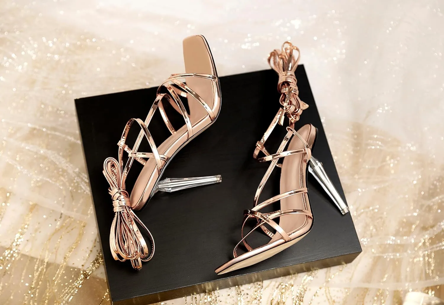 Joseywade Women's High Heel Sandals Open Square Toe Lace Up Heels 4" Strappy Stiletto Heels Wrap Up Tie Up Clear Heel Shoes