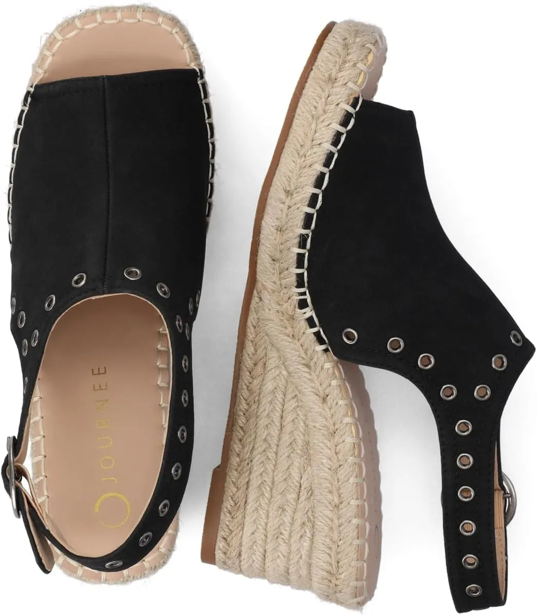 Journee Womens cushioned footbed Crisie Wedge Heel Sandals Espadrille Ankle Buckle Faux Leather Open Toe 3-4 Inch Heel
