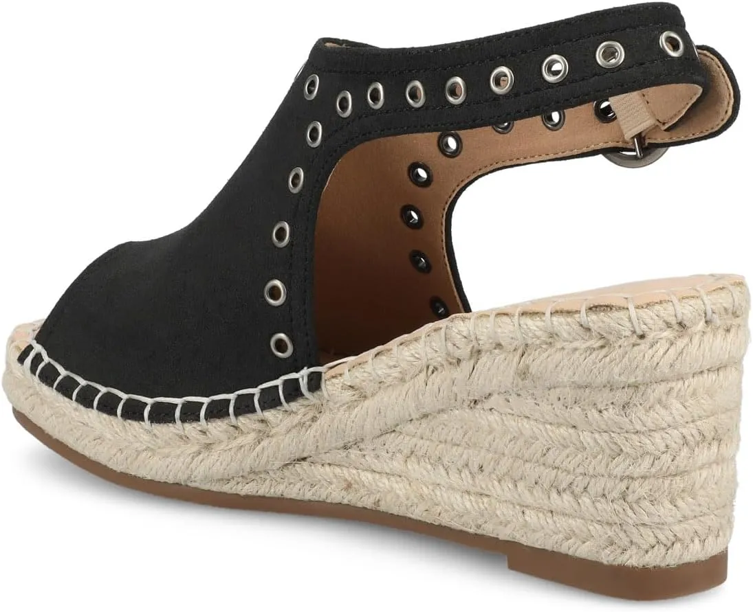 Journee Womens cushioned footbed Crisie Wedge Heel Sandals Espadrille Ankle Buckle Faux Leather Open Toe 3-4 Inch Heel