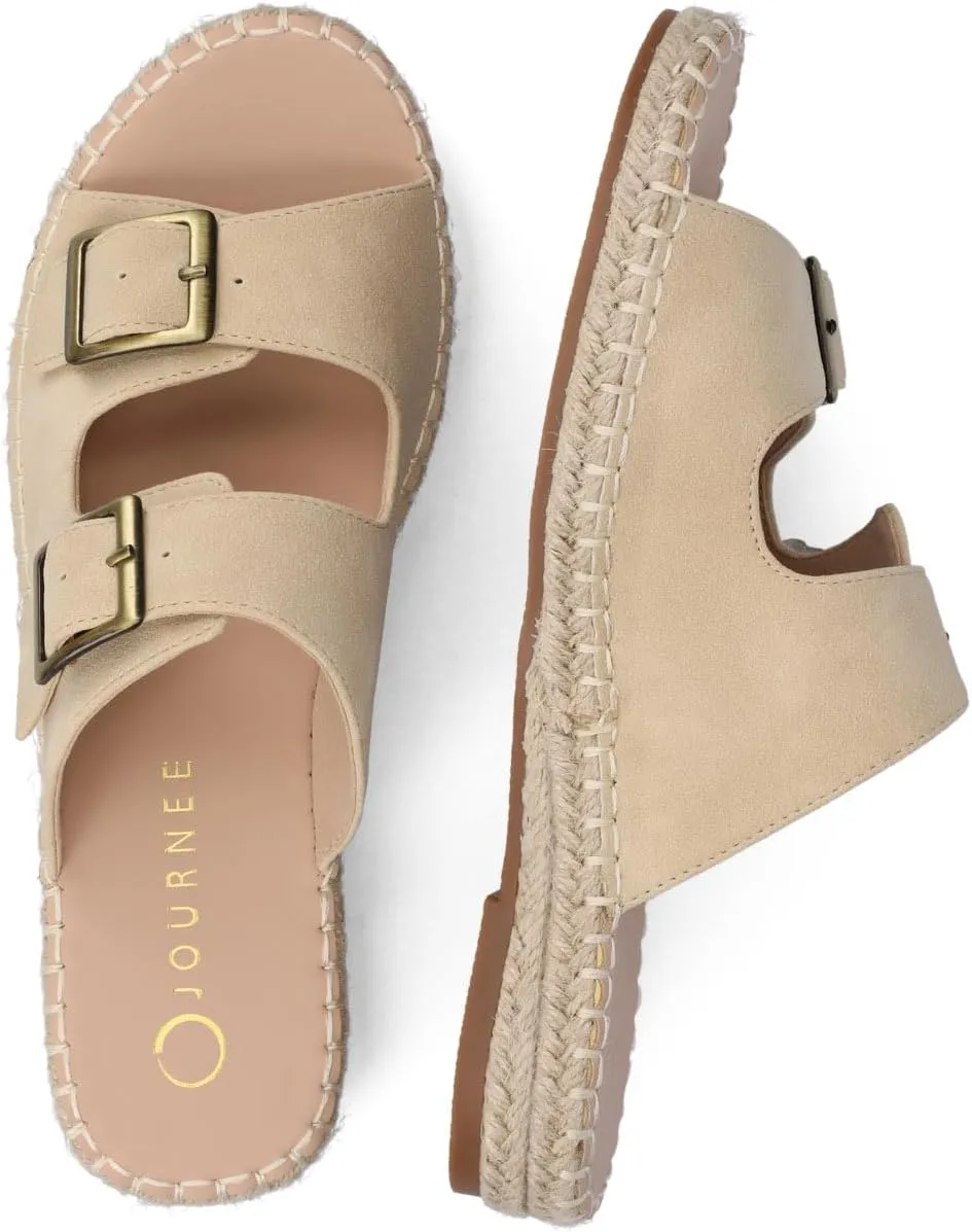 Journee Womens Slide On Sandal Cushioned Footbed Tresah Espadrille Open Toe Faux Leather Double Buckle