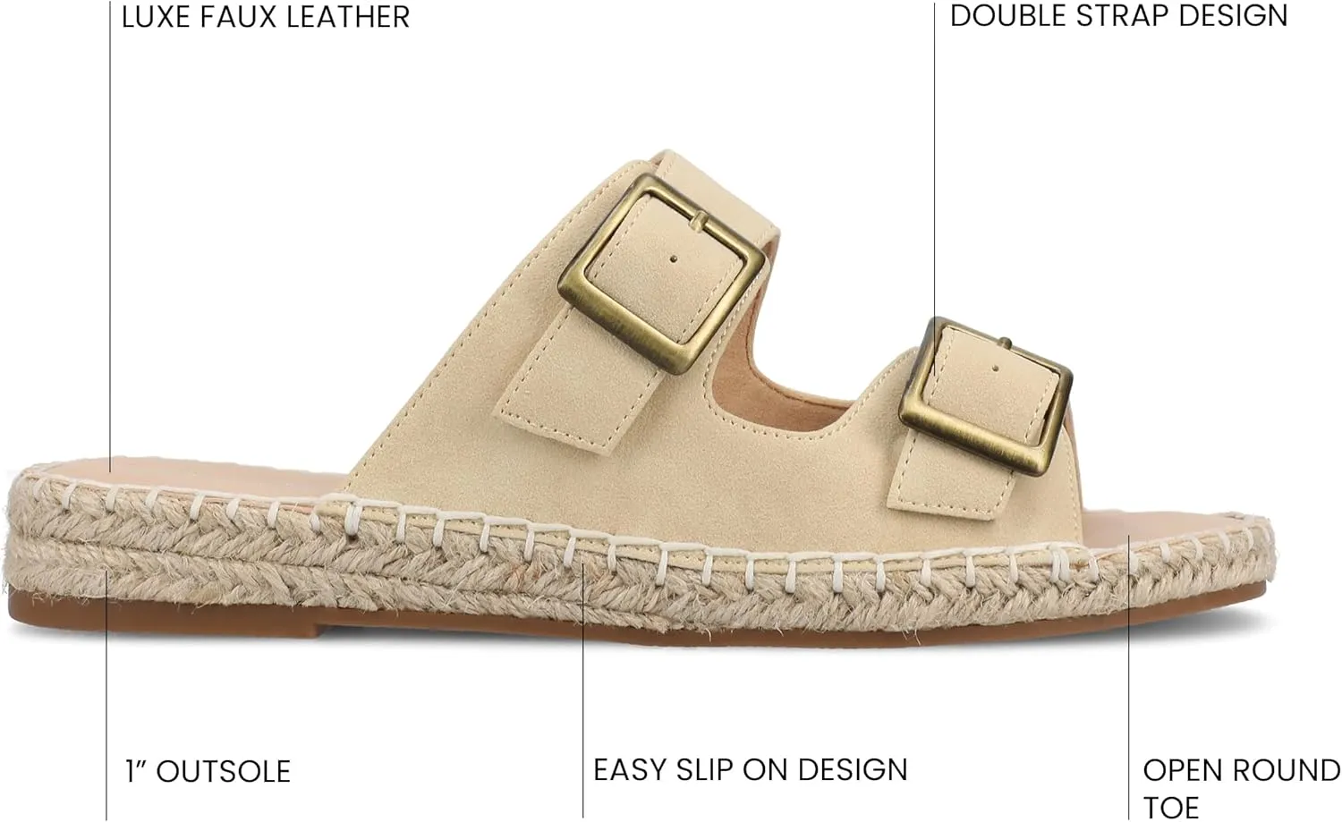 Journee Womens Slide On Sandal Cushioned Footbed Tresah Espadrille Open Toe Faux Leather Double Buckle