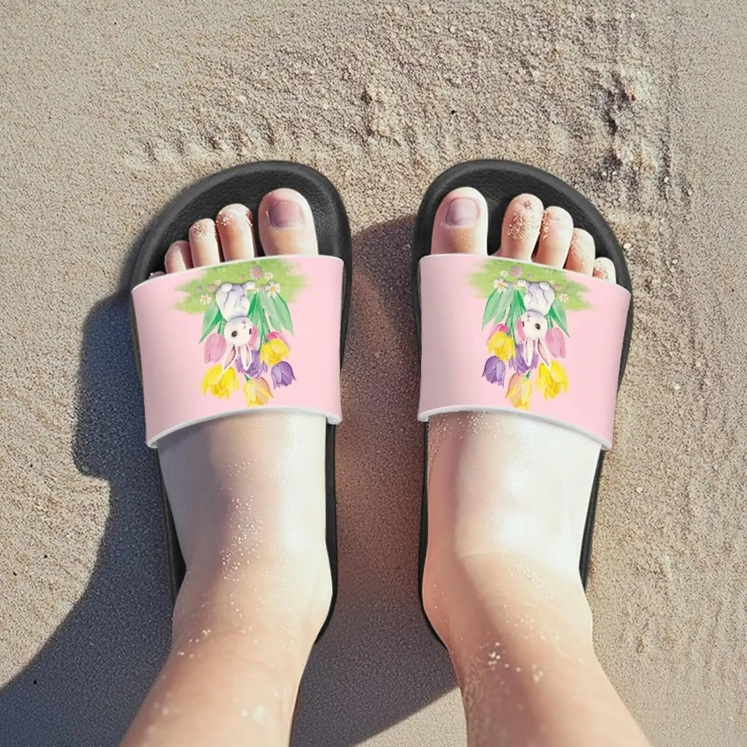 JoyLamoria Bunny Print Sandals House Slides Kids Unisex Cloud Cushioned Non-Slip Open Toe Indoor Outdoor Comfy Summer