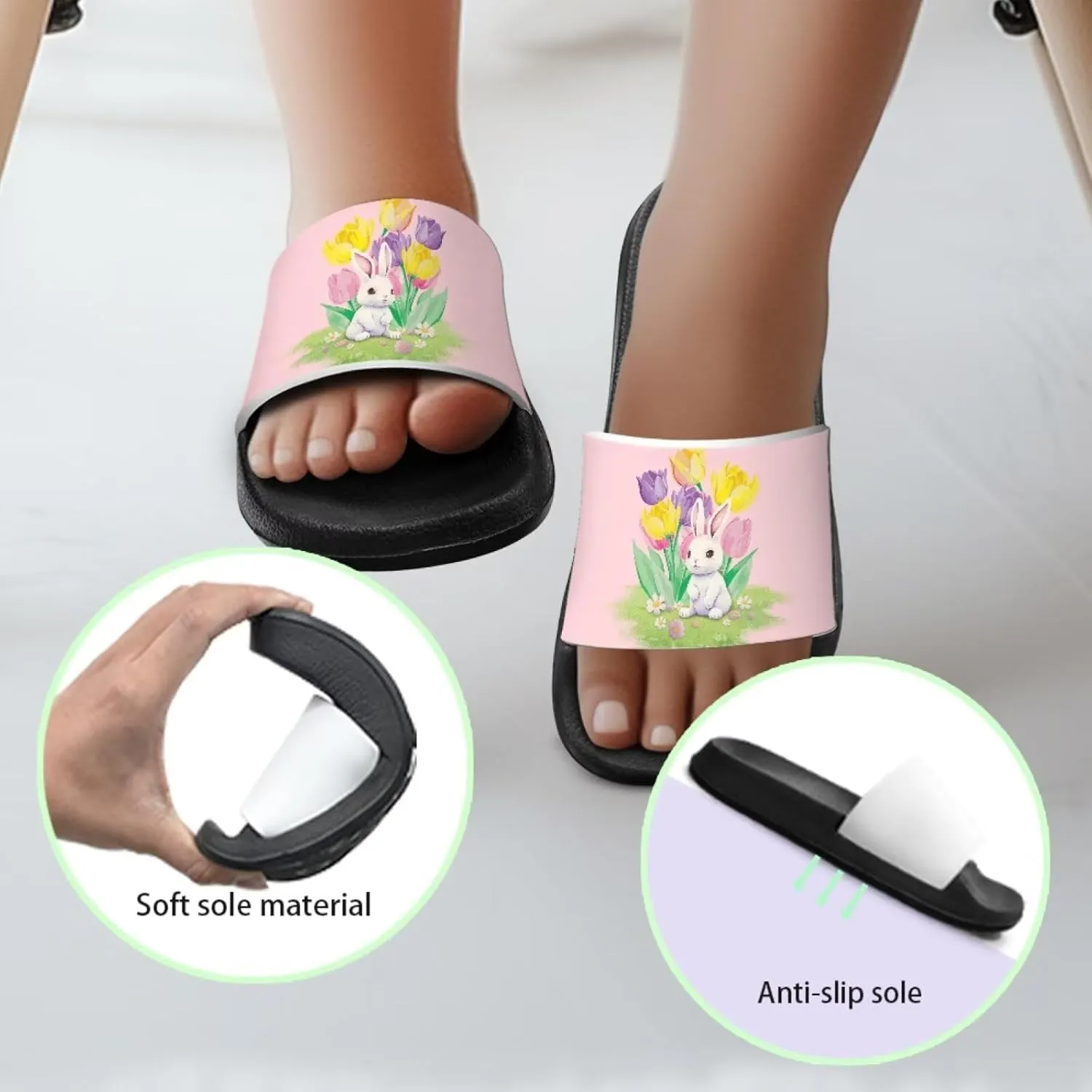 JoyLamoria Bunny Print Sandals House Slides Kids Unisex Cloud Cushioned Non-Slip Open Toe Indoor Outdoor Comfy Summer
