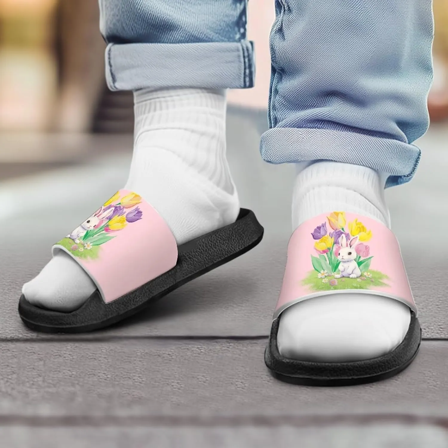 JoyLamoria Bunny Print Sandals House Slides Kids Unisex Cloud Cushioned Non-Slip Open Toe Indoor Outdoor Comfy Summer
