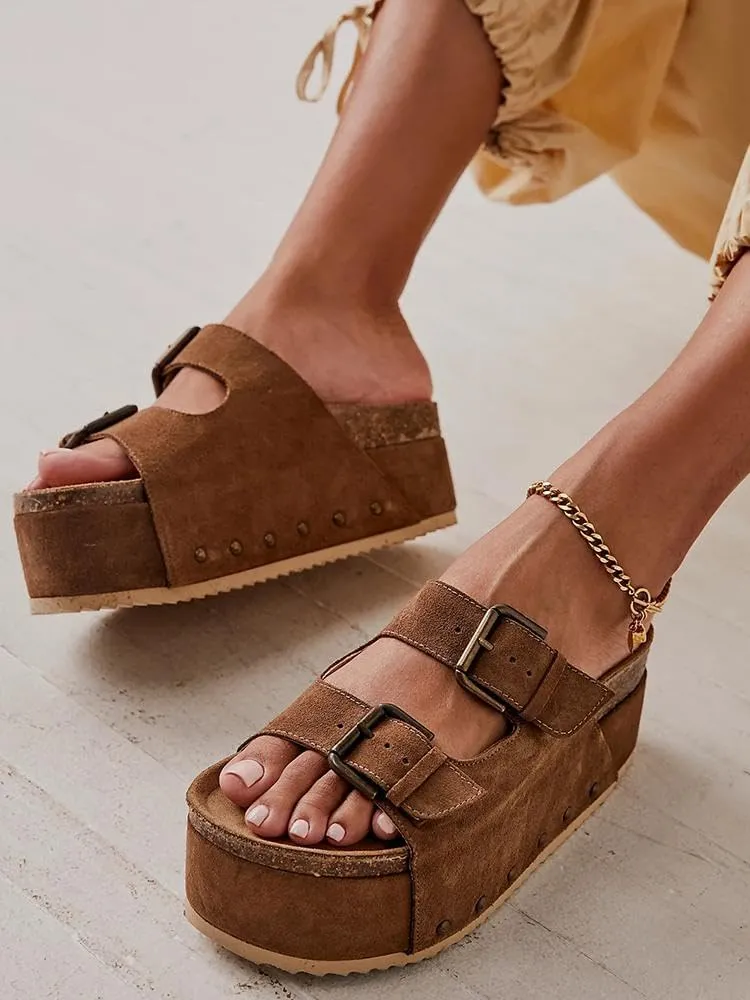 KaroNairy Studded Cork Platform Sandals For Women Slippers Clogs Platform Slip On Sandals Dual Buckled Suede/PU