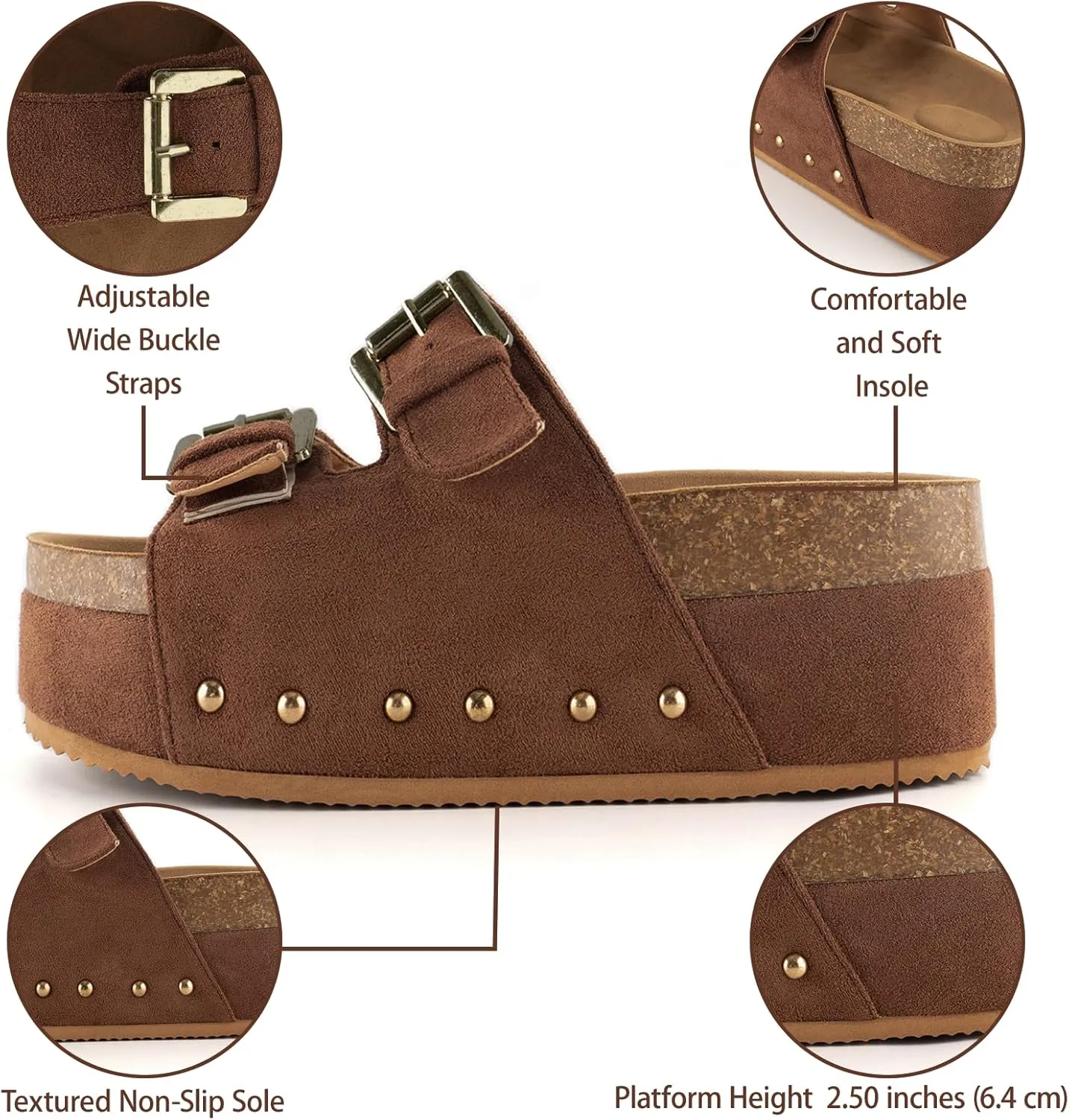KaroNairy Studded Cork Platform Sandals For Women Slippers Clogs Platform Slip On Sandals Dual Buckled Suede/PU