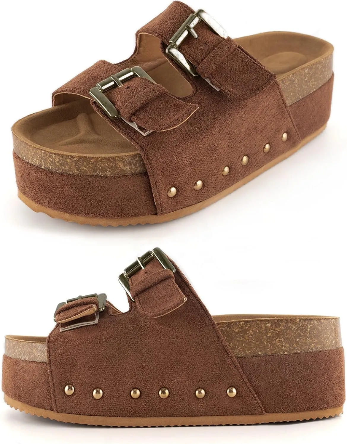 KaroNairy Studded Cork Platform Sandals For Women Slippers Clogs Platform Slip On Sandals Dual Buckled Suede/PU