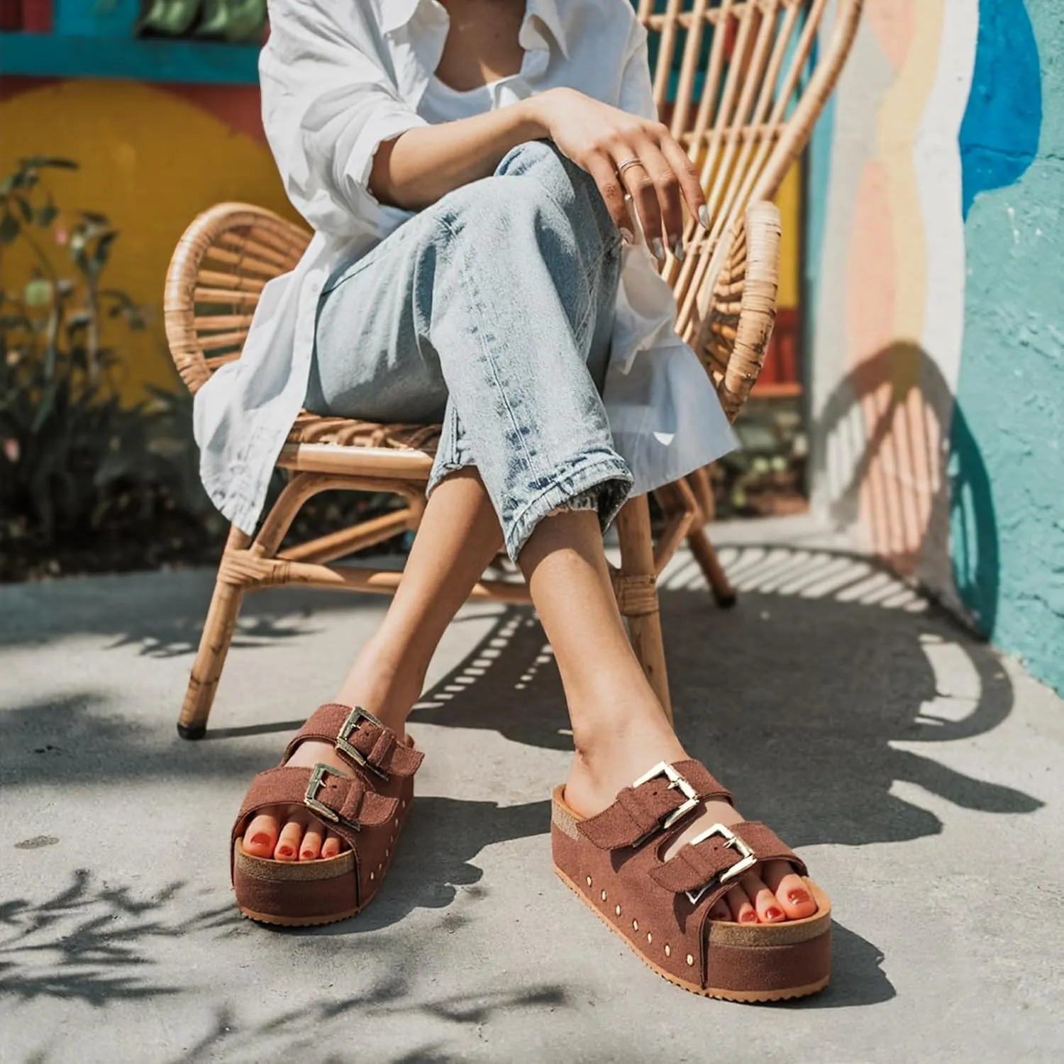 KaroNairy Studded Cork Platform Sandals For Women Slippers Clogs Platform Slip On Sandals Dual Buckled Suede/PU