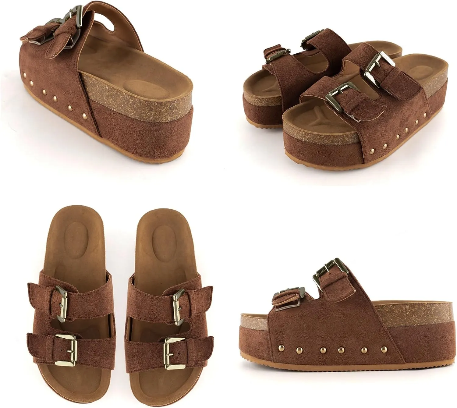 KaroNairy Studded Cork Platform Sandals For Women Slippers Clogs Platform Slip On Sandals Dual Buckled Suede/PU