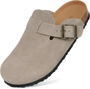 Kids Suede Clogs Boys Girls Cork Footbed Potato Shoes Classic Slip On Leather Mules Children Indoor Outdoor Sandals with Adjustable Buckle
