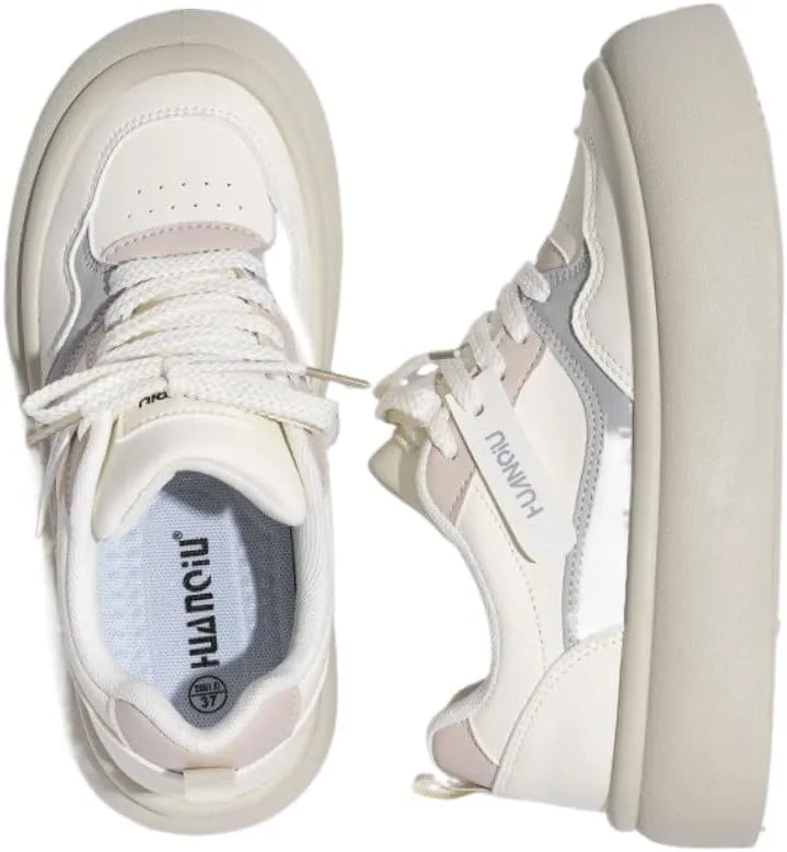 Korean Ins Trendy Hovercraft Kicks | Chunky White Sneakers with Cloud Comfort Thick Sole | Breathable Height-Boosting Shoes for Travel & Sport | OOTD for Girls & Women | Campus Student Outfit