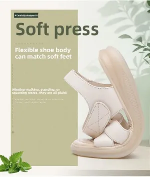 Leather soft-soled sandals women's summer flat-soled non-slip pregnant beach shoes middle-aged large-size beef tendon soles
