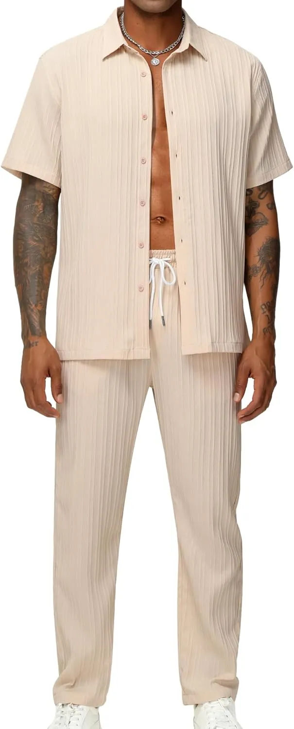 LecGee Men's 2 Piece Vertical Striped Textured Outfits Summer Casual Button Down Shirts And Pants Matching Sets