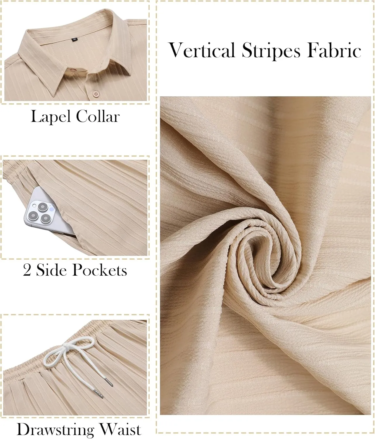 LecGee Men's 2 Piece Vertical Striped Textured Outfits Summer Casual Button Down Shirts And Pants Matching Sets
