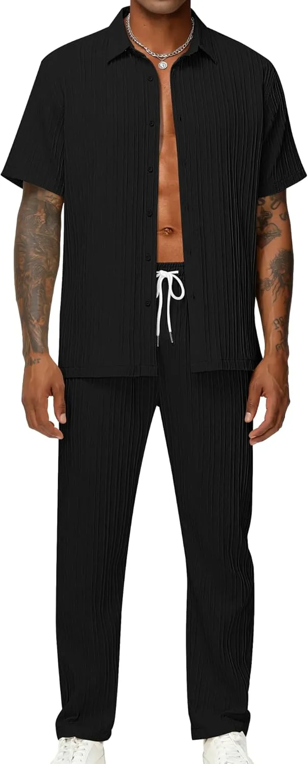 LecGee Men's 2 Piece Vertical Striped Textured Outfits Summer Casual Button Down Shirts And Pants Matching Sets