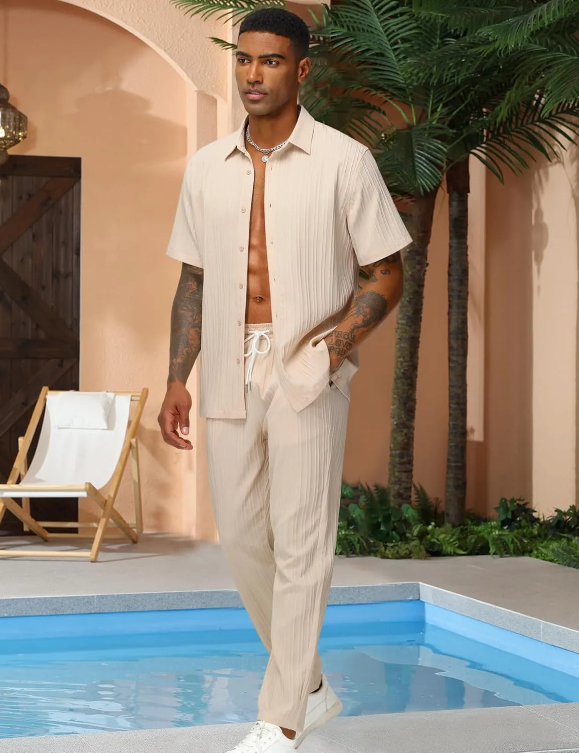LecGee Men's 2 Piece Vertical Striped Textured Outfits Summer Casual Button Down Shirts And Pants Matching Sets