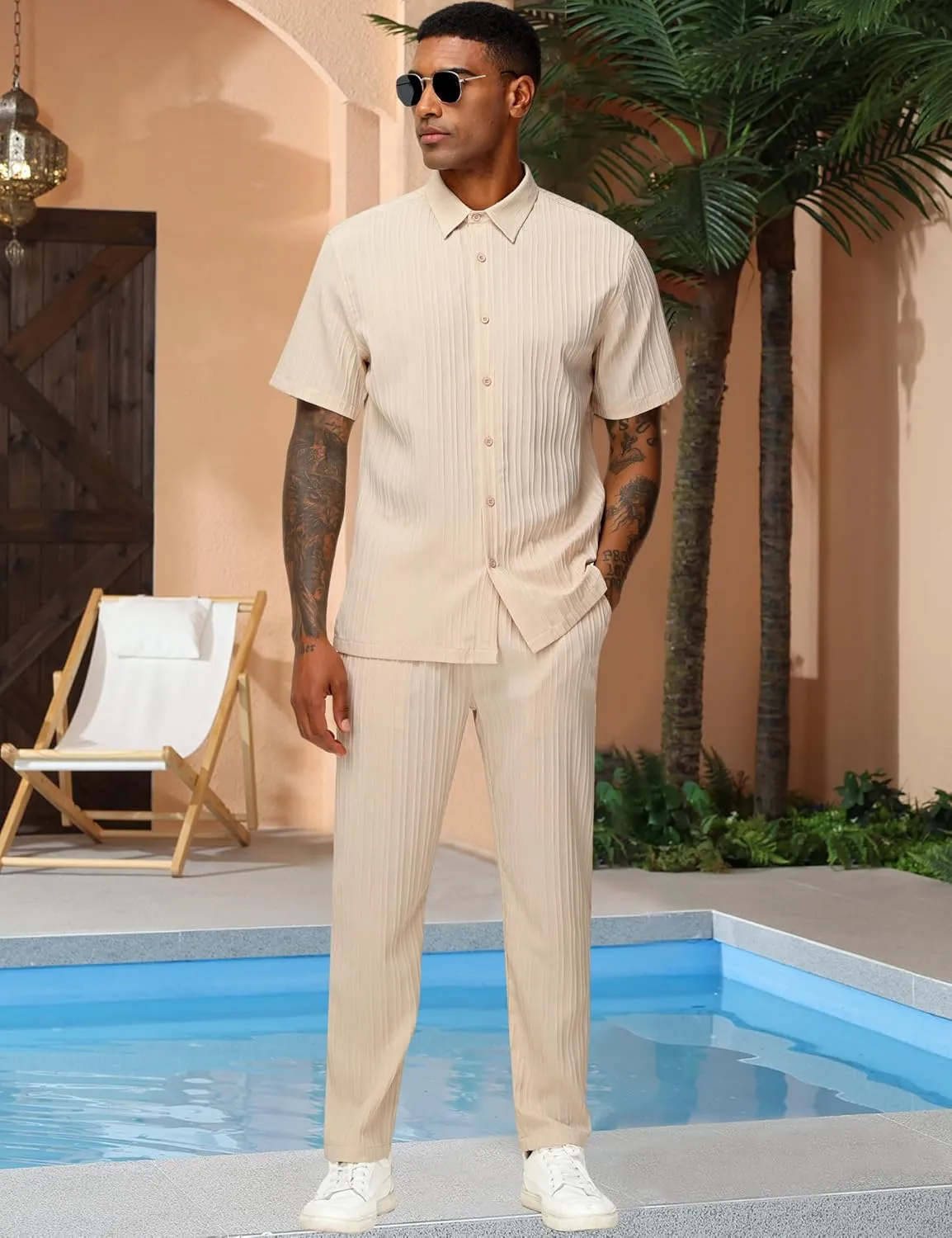 LecGee Men's 2 Piece Vertical Striped Textured Outfits Summer Casual Button Down Shirts And Pants Matching Sets